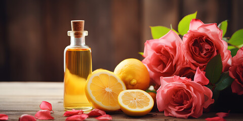 Essential serum with lemon on a wooden background, Aromatherapy with Roses and Lemon Essence
