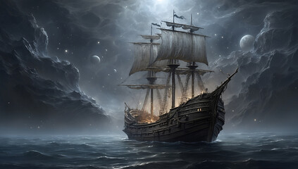 illustration of a ship sailing at night - obrazy, fototapety, plakaty