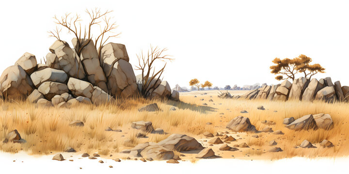 Savanna Serenity: Isolated Rocks Amidst Fading Grass, Panoramic African savanna, depicting a serene scene with a cluster of weathered rocks set against the backdrop of faded grass and sparse trees