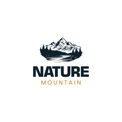 Sea Lake River Evergreen Forest Mountain Landscape Silhouette for outdoor adventure logo design