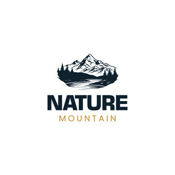 Sea Lake River Evergreen Forest Mountain Landscape Silhouette for outdoor adventure logo design