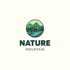 Sea Lake River Evergreen Forest Mountain Landscape Silhouette for outdoor adventure logo design