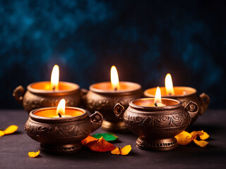 happy diwali indian traditional oil lamps