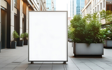 Urban Canvas: Blank Billboard in a Cityscape, Signboard Mockup, Potted plants, and modern buildings, ready for advertising