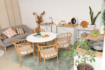 Interior of light kitchen with green plants, counters and dining table
