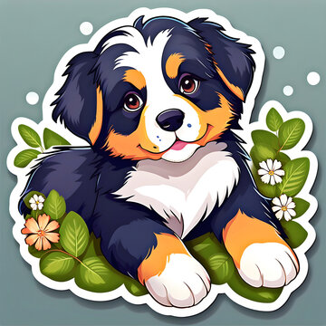 cute cartoon sticker art design of a black, white, and brown Bernese mountain dog puppy lying amid plants, leaves, and flowers