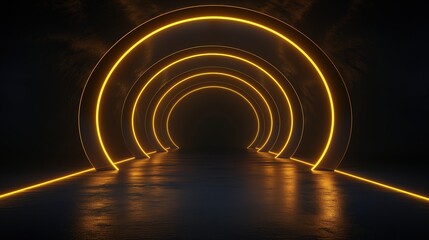 Rounded curve golden line dark tunnel of lights modern