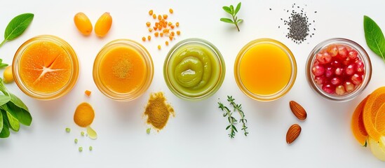 Composition of healthy baby food on white background in a flat lay style.