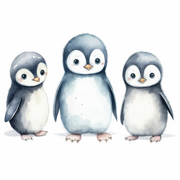 cute stylized whimsical lineless watercolor penguins