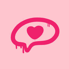 Pink graffiti clip art. Urban street style. Valentine day elements. Speech bubble with heart. Y2k love sign. Splash effects and drops. Grunge and spray texture.