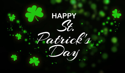 Happy St. Patrick's Day card. Green clover leaves on black background, bokeh effect. Banner design