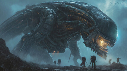 Huge alien robots are armed on the battlefield.