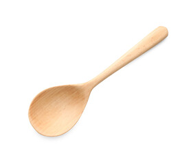 One empty wooden spoon isolated on white, top view