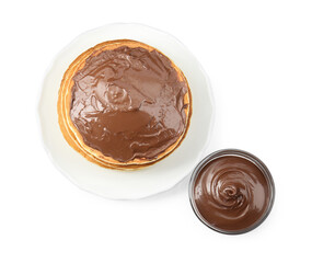 Tasty pancakes with chocolate paste isolated on white, top view