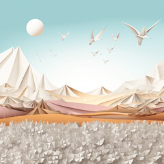A scene made entirely of paper, with origami animals roaming the land and paper cranes flying across the sky. isolated on white background