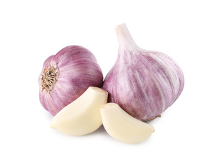Heads of fresh garlic and cloves isolated on white