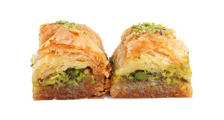 Delicious fresh baklava with chopped nuts isolated on white. Eastern sweets