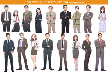 スーツを着たビジネスマン、ビジネスウーマン。Japanese anime/manga style, transparent background - obrazy, fototapety, plakaty
