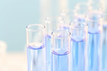 Laboratory analysis. Many glass test tubes with light blue liquid on blurred background, closeup and space for text