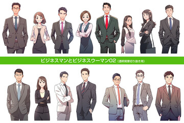 スーツを着たビジネスマン・ビジネスウーマン。Japanese anime/manga style, transparent background - obrazy, fototapety, plakaty