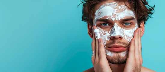 Male applying skincare product in bathroom for antiaging and wellness, with a blue studio background. - obrazy, fototapety, plakaty
