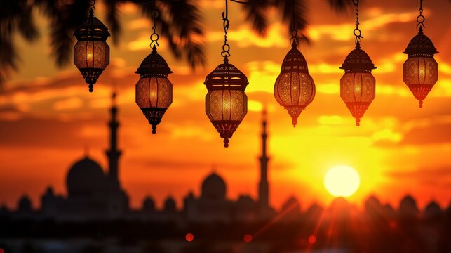 Glowing Ramadan Lanterns Against the Sunset Mosque Skyline