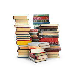 Stacks of different books isolated on white