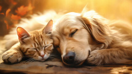 Sleeping Puppies and Cuddly Cats: Affectionate Canine and Feline Friendship on a Striped Background