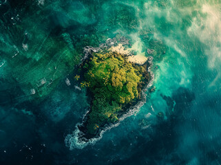 Aerial landscape of cliffs and a sandy beach island, in the style of dark green and orange, tropical landscapes.