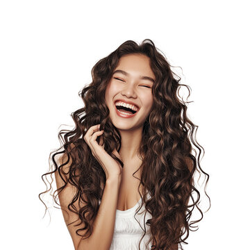 Beauty brunette laughing asian young woman with long shiny curly hair, Beautiful happy woman model posing wavy hairstyle, Cosmetology, cosmetics and make-up, isolated on white background, png