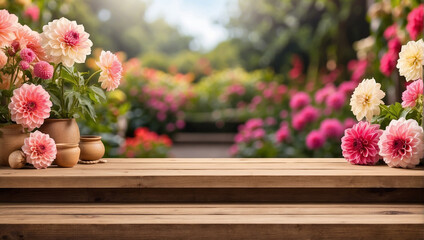 Empty wooden table for product display with dahlia garden background - obrazy, fototapety, plakaty