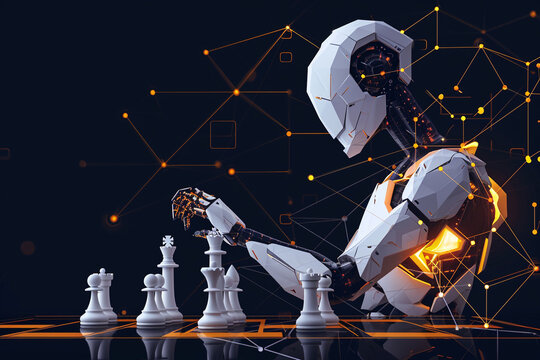 Illustration of an AI playing chess, symbolizing strategy learning, machine learning, tech illustration