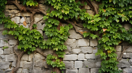 A rustic stone wall, enhanced by the elegant ivy that has claimed it as its canvas