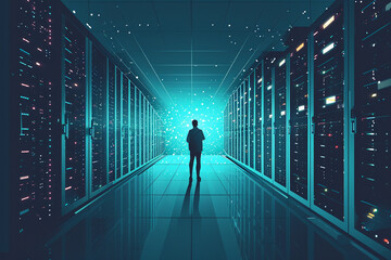 Illustration of a database administrator managing a large data center, IT, tech illustration
