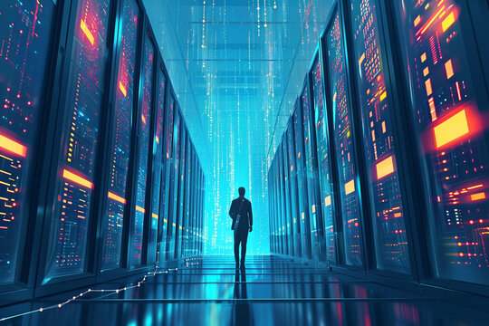 Illustration of a database administrator managing a large data center, IT, tech illustration