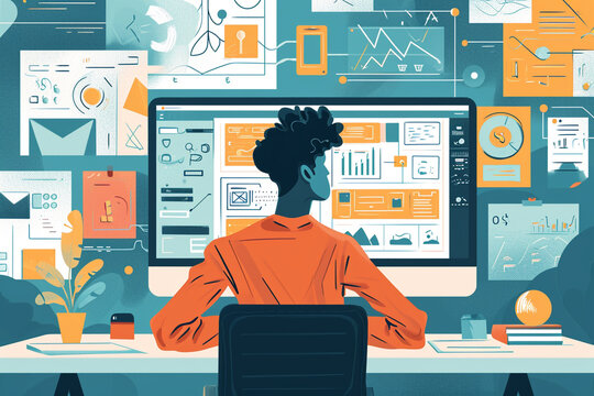Illustration of a user interface designer creating a website, IT, tech illustration