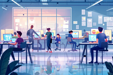 Illustration of an IT workshop with people learning programming, IT, tech illustration