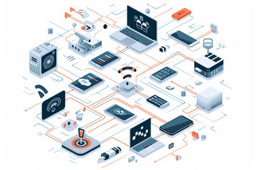 Illustration of an IoT (Internet of Things) concept with connected devices, IT, tech illustration
