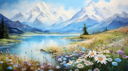 Fotobehang Watercolor Landscape painting of towering snow-capped mountains, a serene lake, and a vibrant field of wildflowers © MAJGraphics