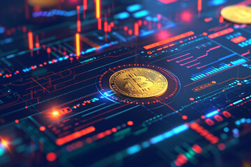 Fototapeta premium Illustration of cryptocurrency trading with digital coins and graphs, trading, tech illustration