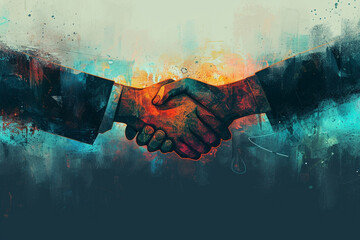 Illustration of a handshake over a contract symbolizing a major trade deal, trading, tech illustration
