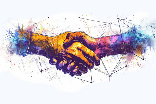 Illustration of a handshake over a contract symbolizing a major trade deal, trading, tech illustration