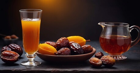 Ramadan food and drinks concept. Ramadan dates fruits on dark background. Generated with AI © EngineerJahid