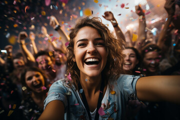 Obraz premium At a lively music festival, a girl captures the infectious joy of the crowd, the vibrant lights, and the excitement of the event in her dynamic selfie.
