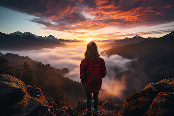 Fototapeta na wymiar On a mountaintop at sunrise, a girl takes a selfie, capturing the breathtaking panorama of dawn breaking over the landscape in a visually stunning frame.