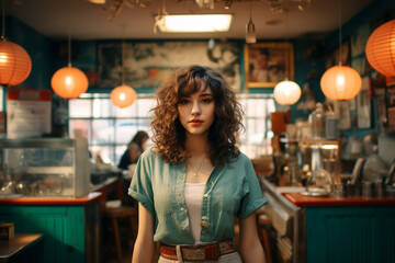In a retro-inspired cafe, a girl takes a selfie with a vintage filter, blending modern self-portraiture with a touch of nostalgic aesthetics. - obrazy, fototapety, plakaty