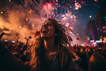 At an outdoor concert, a girl captures the exhilaration of live music, with colorful stage lights and cheering crowds enhancing the excitement of her selfie.