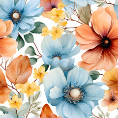 A floral pattern with blue and yellow flowers, a sense of movement and harmony. beauty and tranquility