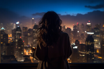 Fototapeta na wymiar A girl takes a selfie on a city rooftop, with a panoramic view of skyscrapers and city lights, capturing the urban glamour and sophistication of the scene.