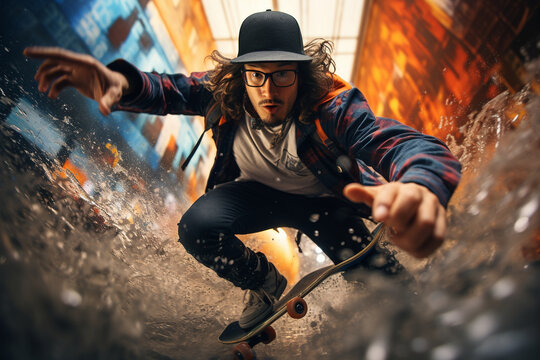 At a skate park, a guy takes a selfie mid-trick, capturing the adrenaline and motion of his skateboard stunts in a visually dynamic composition.